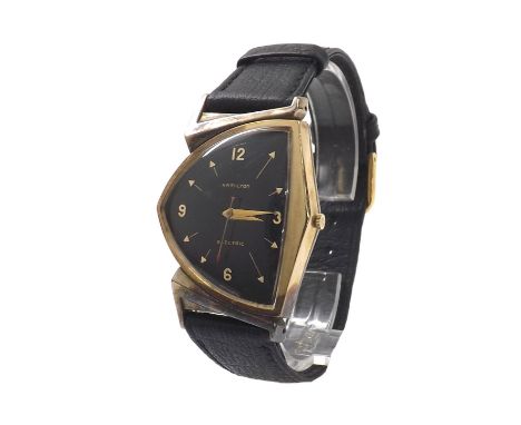 Hamilton Pacer Electric 10k gold filled gentleman's wristwatch, signed black dial with gilt quarter Arabic numerals and arrow