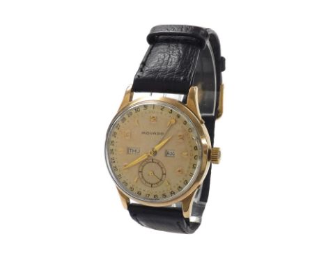Movado 9ct triple calendar gentleman's wristwatch, Birmingham 1951, case no. 415261, circular silvered dial with gilt Arabic 