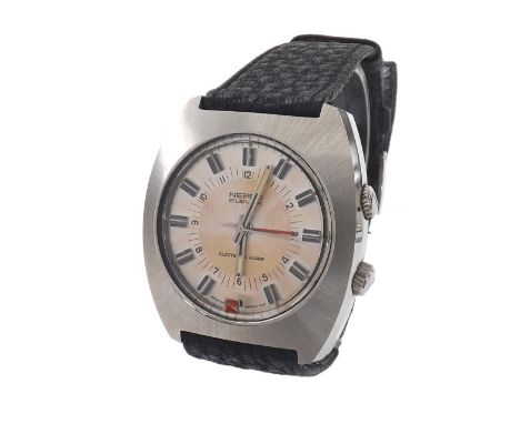 Nepro Elevox Electronic Alarm stainless steel gentleman's wristwatch, circular silvered dial with baton markers, inner Arabic