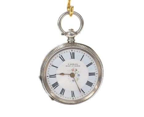 Silver (0.935) cylinder engraved fob watch, unsigned three quarter plate movement, the enamel dial branded 'H. Samuel, Made a