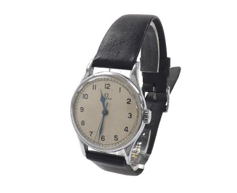 Omega WWII British Military issue gentleman's wristwatch, circa 1939, silvered dial with Arabic numerals, outer minute track,