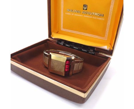 Bulova Computron LED gold plated and stainless steel gentleman's wristwatch, circa 1977, the 'wedge' case with LED display an