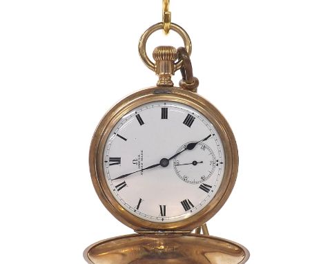 Omega gold plated lever hunter pocket watch, circa 1912, signed movement with compensated balance and regulator, no. 4100340,