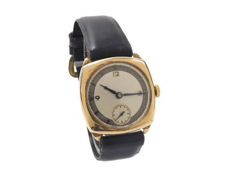 Cyma 9ct cushion cased gentleman's wristwatch, Birmingham 1935, silvered dial with quarter Arabic numerals, grey chapter with