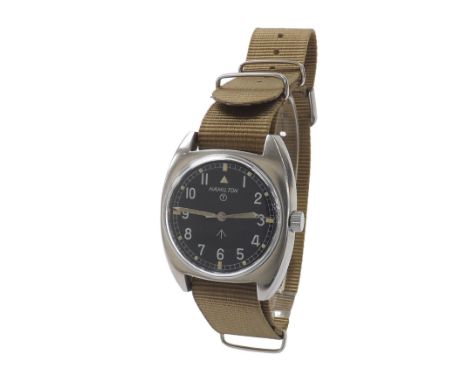 Hamilton British Military Army issue stainless steel gentleman's wristwatch, black dial with Military arrow and circled T, Ar