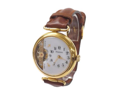Hebdomas 8 days gold plated gentleman's wristwatch, signed circular enamel exhibition dial with Arabic numerals, hinged case,