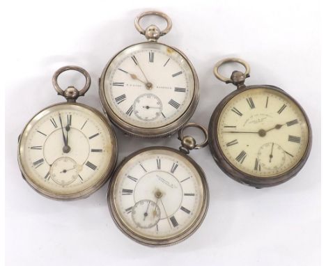 Silver fusee lever engine turned pocket watch; together with three silver lever engine turned pocket watches, makers Skarratt