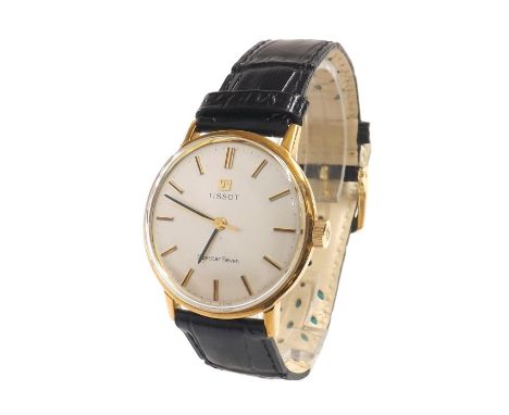 Tissot Seastar Seven 9ct gentleman's wristwatch, silvered dial with baton markers and centre seconds, modern black strap, 34m