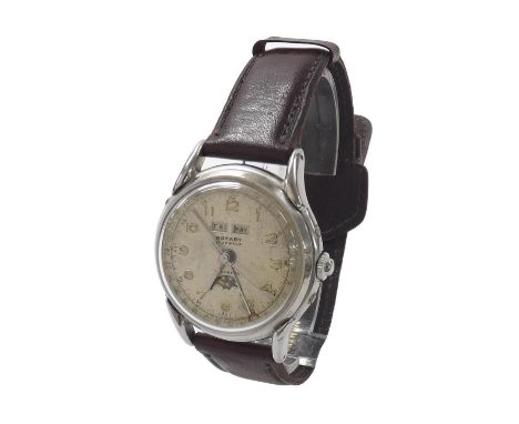 Rotary calendar triple date moon phase stainless steel gentleman's wristwatch, circa 1950s, case no. 647099 0151, circular sl