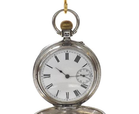 Silver lever half hunter pocket watch, Birmingham 1886, unsigned gilt frosted cylinder bar movement, the dial with Roman nume