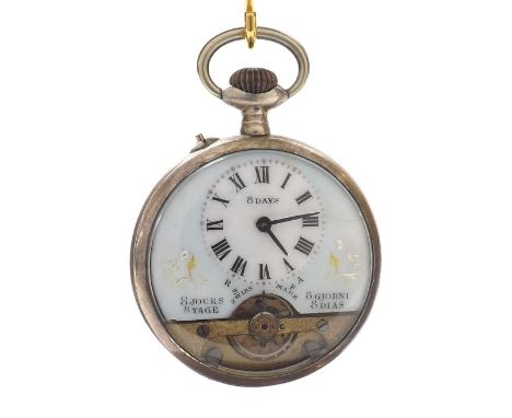 White metal (0.800) '8 Jours' pocket watch, within an engine turned case, 49mm - Condition Report: - Movement - currently fun