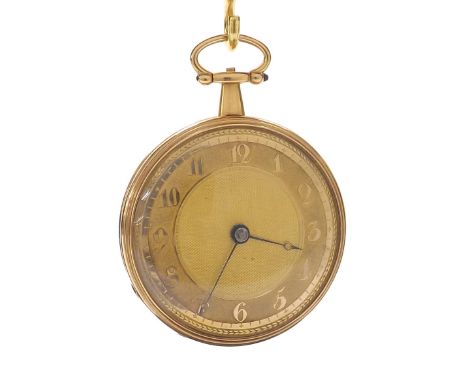 Continental triple colour gold cylinder pocket watch, unsigned movement with a gilded hinged cuvette, gold engine turned dial