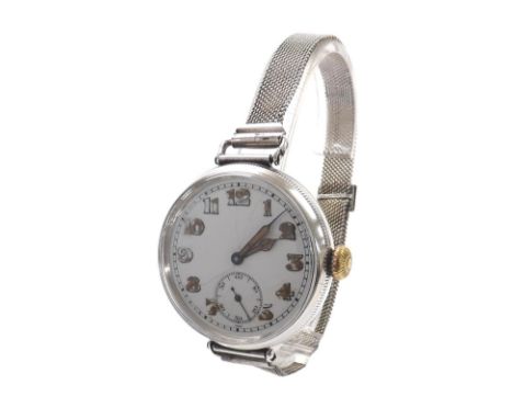 Baume silver officers trench wristwatch, import hallmarks for  London 1918, circular white dial with luminous Arabic numerals