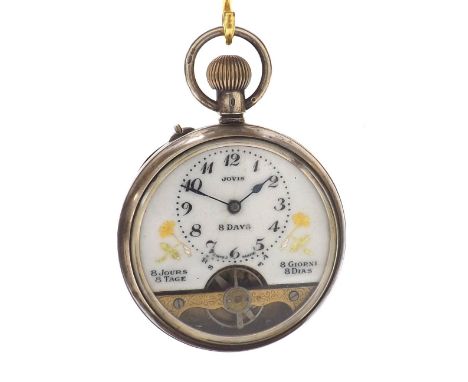 Silver Jovis 8 days pocket watch, import hallmarks London 1924, within an engine turned case with engraved cartouche, 48mm (a