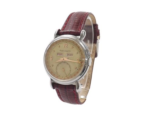 Jaeger LeCoultre triple calendar stainless steel gentleman's wristwatch, circa 1950, circular silvered dial with gilt Arabic 