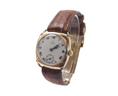Omega gold plated cushion case gentleman's wristwatch, circa 1935-39, circular signed white dial with Roman numerals and subs