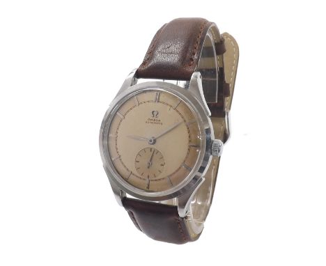 Omega 'bumper' automatic stainless steel gentleman's wristwatch, ref. 2374/6, circa 1944, circular silvered dial with baton m