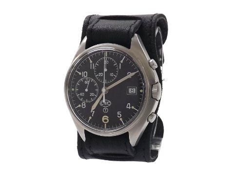 CWC British Military issue chronograph stainless steel gentleman's wristwatch, signed black dial with circled T, Arabic numer