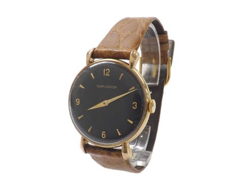 Jaeger LeCoultre 9ct gentleman's wristwatch, London 1960, signed black gloss dial with Arabic quarter numerals, baton markers