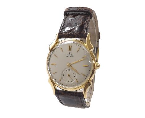 Good Rolex Precision 1950s 18k gentleman's wristwatch, ref. 4477, circular silvered dial with baton markers and subsidiary se