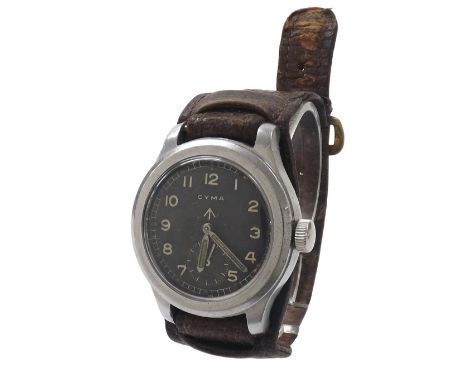 Cyma British Military issue stainless steel gentleman's wristwatch, black dial with Military arrow, dot and baton hour marker