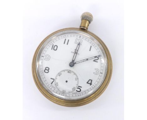 Omega WWII British Military Army issue nickel cased lever pocket watch, circa 1939, signed gilt frosted 15 jewel movement, no