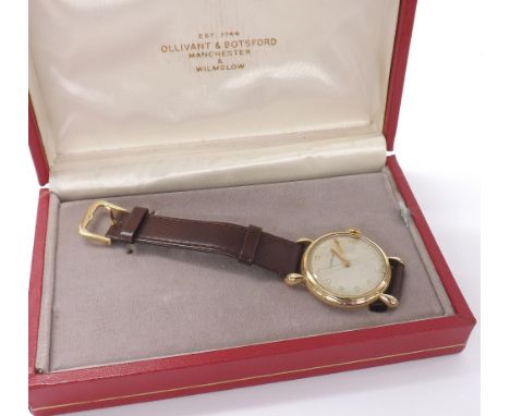 Jaeger LeCoultre 9ct gentleman's wristwatch, Birmingham 1949, silvered dial with gilt Arabic numerals, outer minute markers a