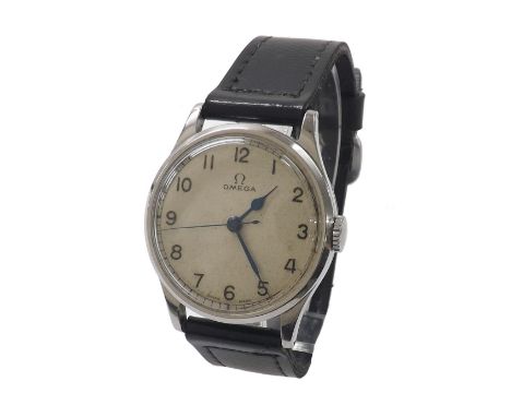 Omega WWII British Military issue stainless steel gentleman's wristwatch, circa 1939, silvered dial with Arabic numerals, out