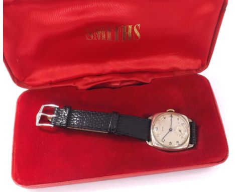 Smiths silver cushion cased gentleman's wristwatch, Birmingham 1946, circular silvered dial with Arabic numerals, minute mark