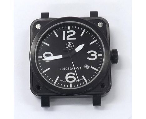 Military style black stainless steel gentleman's wristwatch, black dial numbered L0703(A)-V1 with circled arrow, bold white q