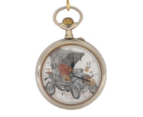 Nickel cased lever pocket watch, the frosted movement inscribed Automobile Regulateur, with compensated balance and regulator