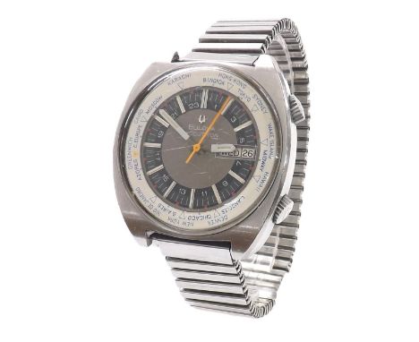 Bulova Accutron World Time stainless steel oversized gentleman's wristwatch, ref. 789, the dial with outer rotating world tim