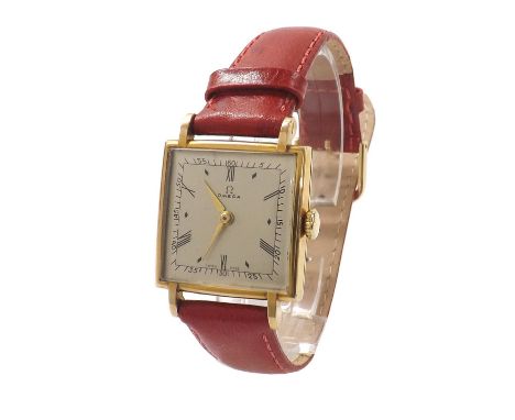 Omega 9ct square cased mid-size square wristwatch, Birmingham 1948, signed silvered dial with baton markers, 15 jewel movemen