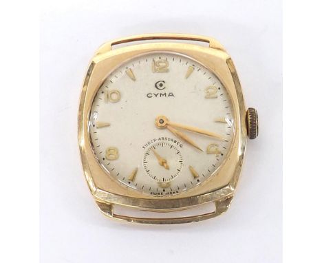 Cyma 9ct cushion cased gentleman's wristwatch, Birmingham 1927, silvered dial with gilt Arabic numerals and hour markers, min