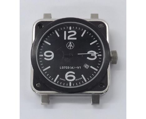 Military style stainless steel gentleman's wristwatch, black dial numbered L0703(A)-V1 with circled arrow, bold white quarter