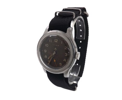 Cyma WWII British Military issue stainless steel gentleman's wristwatch, the black 'tropical' dial with Arabic numerals, lumi