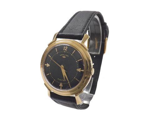 Hamilton Electric 10k gold filled gentleman's wristwatch, black dial with gilt Arabic twelve, arrow and baton markers, inner 