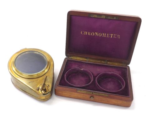 Mahogany chronometer box, the hinged lid revealing a fitted lined interior; together with a brass deck watch case with lined 
