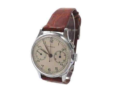 Leonidas chronograph stainless steel gentleman's wristwatch, circa 1940s, silvered dial with Arabic numerals, chronograph cen