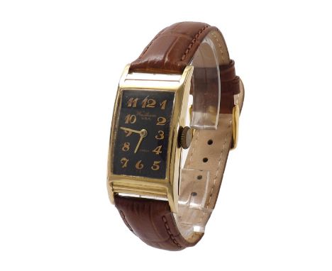 Waltham Riverside 14k rectangular curved gentleman's wristwatch, rectangular black dial with gilt Arabic numerals and outer m