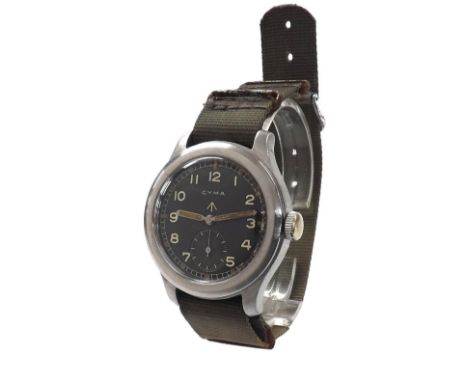 Cyma British Military issue stainless steel gentleman's wristwatch, black dial with Military arrow, Arabic numerals, dot and 