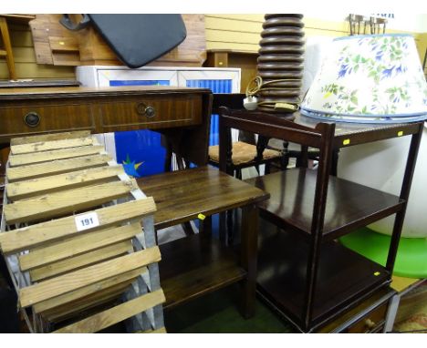 Parcel of furniture including wine rack, three tier occasional table, two tier occasional table and wooden lamp and shade E/T