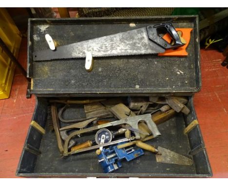 Vintage wooden toolbox and contents