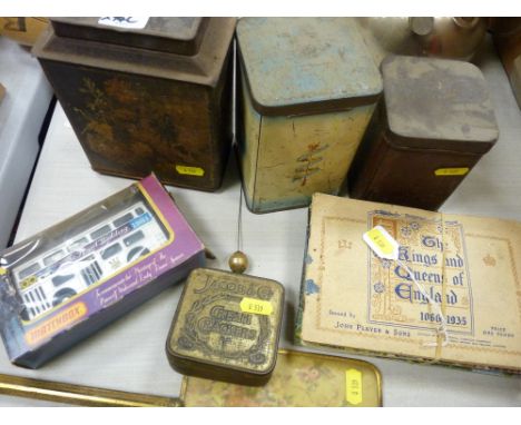 Vintage old tins including Jacobs Cream Crackers, bubble packed diecast royal wedding vehicle, commemorative collector's card