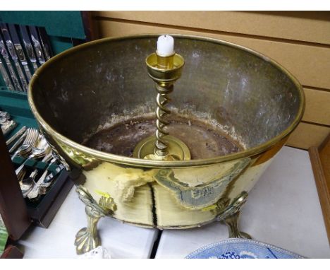 Excellent four footed brass coal/log bucket and a brass barley twist candlestick 