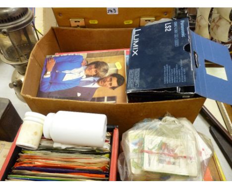 Parcel of vintage children's games and cards, Lumix camera, box of LP records, box of 45rpm records including some Welsh etc