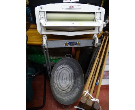 Vintage Acme mangle, tin bath, wooden clothes airer