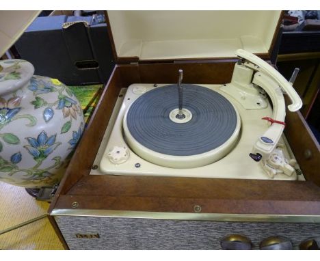 Alba portable record player with a Garrard turntable and a floral pottery lamp E/T