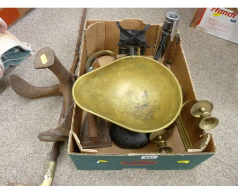 Set of cast iron and brass kitchen scales with bell weights, other metal ware and a horn topped cane