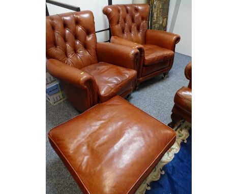 Pair of button back tan club armchairs and pouffe